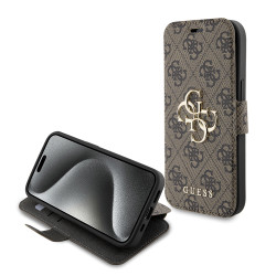 Guess 4G Big Metal Logo Book Wallet Case hoesje voor Apple iPhone 15 - Bruin
