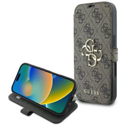 Guess 4G Big Metal Logo Book Wallet Case hoesje voor Apple iPhone 16 - Bruin