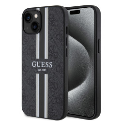 Guess 4G Printed Stripes Hard Case Back Cover hoesje met MagSafe voor Apple iPhone 15 - Zwart