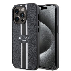 Guess 4G Printed Stripes Hard Case Back Cover hoesje met MagSafe voor Apple iPhone 15 Pro - Zwart