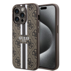 Guess 4G Printed Stripes Hard Case Back Cover hoesje met MagSafe voor Apple iPhone 15 Pro - Bruin