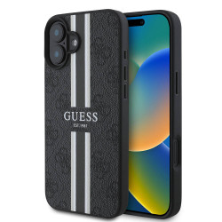 Guess 4G Printed Stripes Hard Case Back Cover hoesje met MagSafe voor Apple iPhone 16 Plus - Zwart