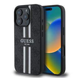 Guess 4G Printed Stripes Hard Case Back Cover hoesje met MagSafe voor Apple iPhone 16 Pro - Zwart