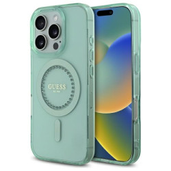 Guess IML Rhinestones Back Cover hoesje met MagSafe voor Apple iPhone 16 Pro - Groen