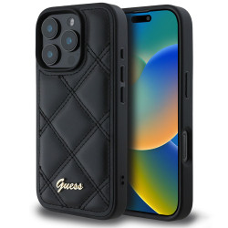Guess Quilted Puffed Metal Logo Back Cover hoesje voor Apple iPhone 16 Pro Max - Zwart