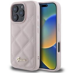Guess Quilted Puffed Metal Logo Back Cover hoesje voor Apple iPhone 16 Pro Max - Roze