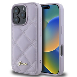 Guess Quilted Puffed Metal Logo Back Cover hoesje voor Apple iPhone 16 Pro - Paars