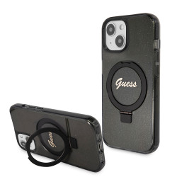 Guess Ring Stand Script Glitter Back Cover hoesje met MagSafe voor Apple iPhone 15 - Zwart