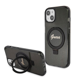 Guess Ring Stand Script Glitter Back Cover hoesje met MagSafe voor Apple iPhone 15 Plus - Zwart