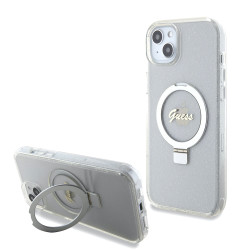 Guess Ring Stand Script Glitter Back Cover hoesje met MagSafe voor Apple iPhone 15 Plus - Transparant