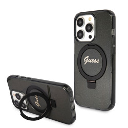Guess Ring Stand Script Glitter Back Cover hoesje met MagSafe voor Apple iPhone 15 Pro - Zwart