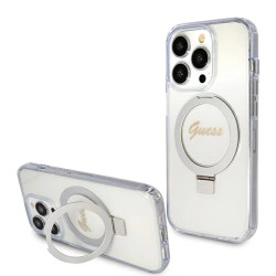 Guess Ring Stand Script Glitter Back Cover hoesje met MagSafe voor Apple iPhone 15 Pro - Transparant