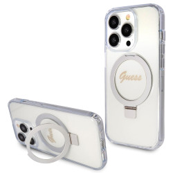Guess Ring Stand Script Glitter Back Cover hoesje met MagSafe voor Apple iPhone 15 Pro Max - Transparant