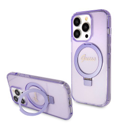 Guess Ring Stand Script Glitter Back Cover hoesje met MagSafe voor Apple iPhone 15 Pro - Paars