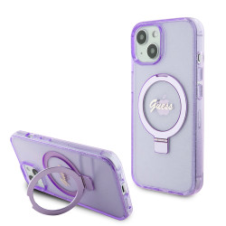 Guess Ring Stand Script Glitter Back Cover hoesje met MagSafe voor Apple iPhone 15 - Paars