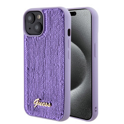 Guess Sequin Script Metal Back Cover hoesje voor Apple iPhone 15 - Paars