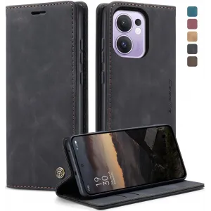 CASEME Retro Texture Book Wallet Case hoesje voor Oppo Reno13 F 4G/5G / Reno13 FS 5G - Zwart