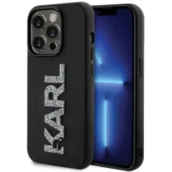 Karl Lagerfeld 3D Rubber Glitter Logo Back Cover hoesje voor Apple iPhone 15 Pro - Zwart