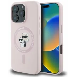 Karl Lagerfeld Silicone Karl & Choupette Heads Ring Back Cover hoesje met MagSafe voor Apple iPhone 16 Pro - Roze