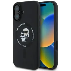 Karl Lagerfeld Silicone Karl & Choupette Heads Ring Back Cover hoesje met MagSafe voor Apple iPhone 16 - Zwart