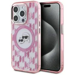 Karl Lagerfeld IML Monogram Karl & Choupette Head Back Cover hoesje met MagSafe voor Apple iPhone 15 Pro - Roze