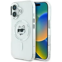 Karl Lagerfeld IML Metal Choupette Head Back Cover hoesje met MagSafe voor Apple iPhone 16 - Wit