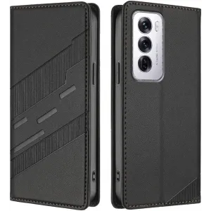 Phonesta Embossed Lines Book Wallet Case hoesje voor Oppo Reno12 - Zwart