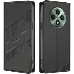 Phonesta Embossed Lines Book Wallet Case hoesje voor Oppo Reno12 F/Reno12 FS - Zwart