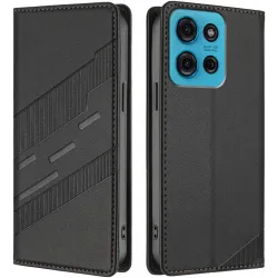 Phonesta Embossed Lines Book Wallet Case hoesje voor Motorola Moto G75 - Zwart