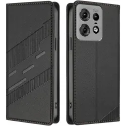 Phonesta Embossed Lines Book Wallet Case hoesje voor Motorola Edge 50 Pro - Zwart
