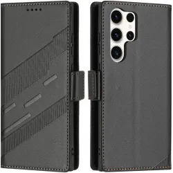 Phonesta Embossed Lines Book Wallet Case hoesje voor Samsung Galaxy S25 Ultra - Zwart