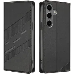 Phonesta Embossed Lines Book Wallet Case hoesje voor Samsung Galaxy S25 Plus - Zwart