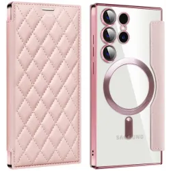 Phonesta Luxury Crystal Puffed Book Wallet Case hoesje met MagSafe voor Samsung Galaxy S24 Ultra - Roze