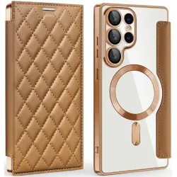Phonesta Luxury Crystal Puffed Book Wallet Case hoesje met MagSafe voor Samsung Galaxy S25 Ultra - Bruin