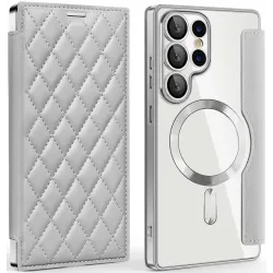 Phonesta Luxury Crystal Puffed Book Wallet Case hoesje met MagSafe voor Samsung Galaxy S25 Ultra - Zilver