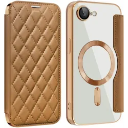 Phonesta Luxury Crystal Puffed Book Wallet Case hoesje met MagSafe voor Apple iPhone 17e/16e - Bruin