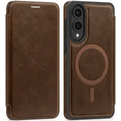 Phonesta Luxury Leather Book Wallet Case hoesje met MagSafe voor Samsung Galaxy S25 Edge - Donkerbruin