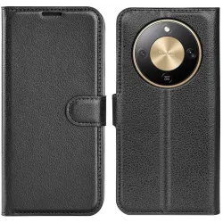 Phonesta Litchi Skin Book Wallet Case hoesje voor HONOR Magic8 Lite - Zwart