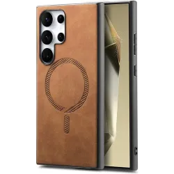 Phonesta Retro Vegan Leather MagSafe Back Cover hoesje voor Samsung Galaxy S25 Ultra - Bruin