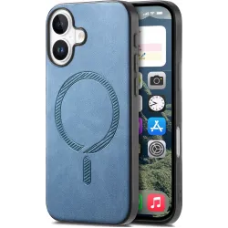 Phonesta Retro Vegan Leather MagSafe Back Cover hoesje voor Apple iPhone 16 - Blauw